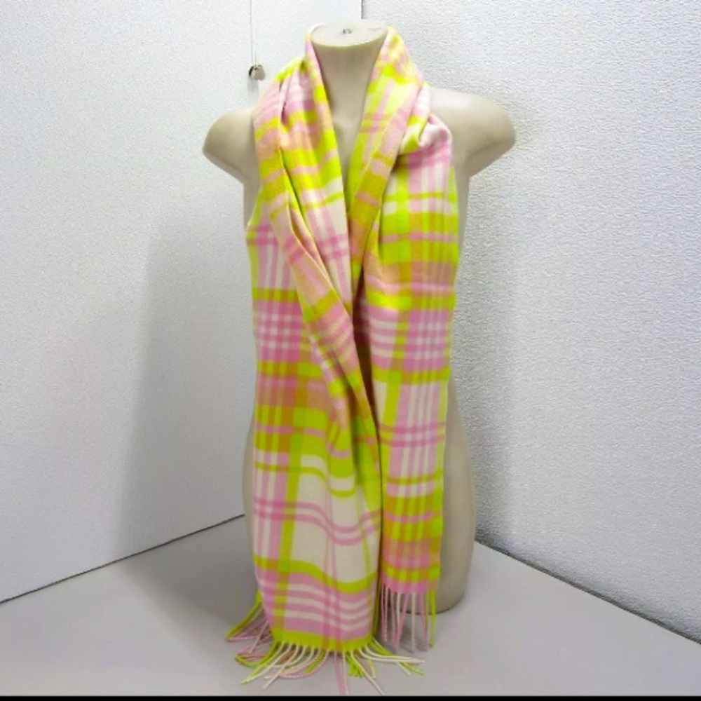 Maeve Pastel Pink and Neon Yellow Plaid Fringe Scarf